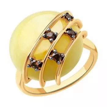 Кольцо из золочёного серебра с янтарём и фианитами