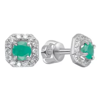 Платиновые серьги-пусеты с изумрудами и бриллиантами