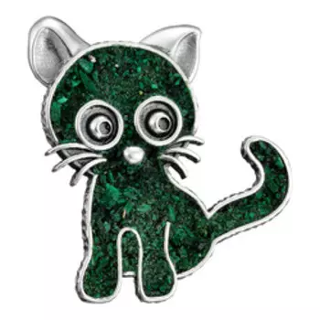 Серебряная брошь-подвеска с малахитом "Кот"