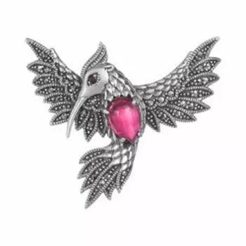 Серебряная подвеска-брошь с гранатом и корундом "Удод"