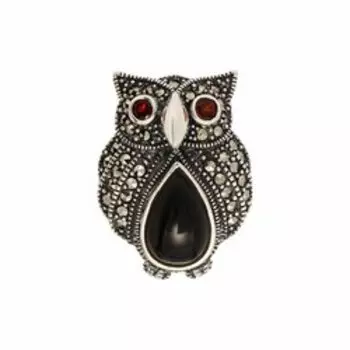Серебряная подвеска-брошь с ониксом, красным агатом и марказитом "Сова"