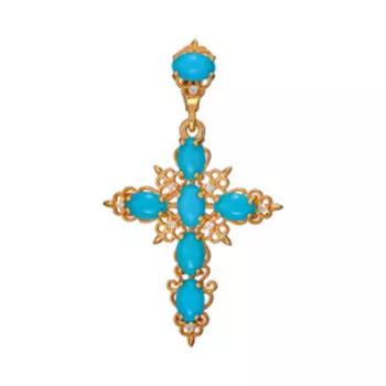 Серебряная подвеска-крест с бирюзой и фианитами