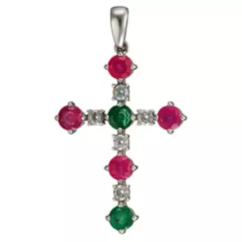 Серебряная подвеска-крест с изумрудами, рубинами и фианитами