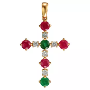 Серебряная подвеска-крест с изумрудами, рубинами и фианитами