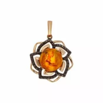 Серебряная подвеска с янтарем и фианитами "Цветок"