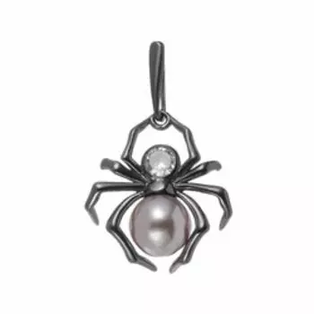 Серебряная подвеска с серым жемчугом и фианитом "Паук"