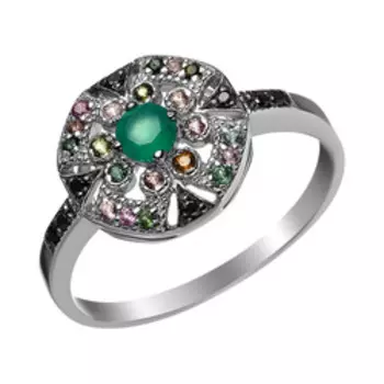 Серебряное кольцо с агатом, турмалинами и фианитами