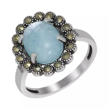 Серебряное кольцо с аквамарином и марказитами