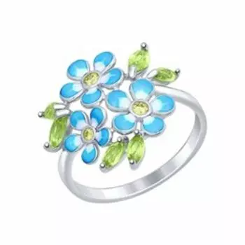 Серебряное кольцо с эмалью, хризолитами и фианитами "Цветы"
