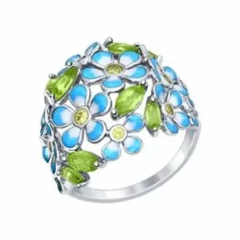 Серебряное кольцо с эмалью, хризолитами и фианитами "Цветы"