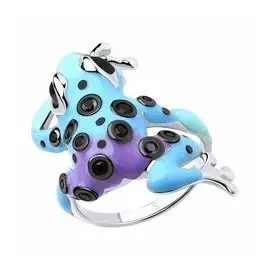 Серебряное кольцо с эмалью и фианитами «Лягушка»