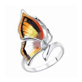 Серебряное кольцо с эмалью и фианитом "Бабочка"