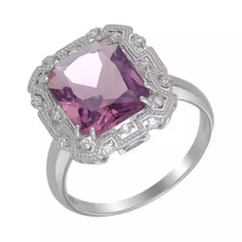 Серебряное кольцо с аметистовым ювелирным кристаллом и фианитами