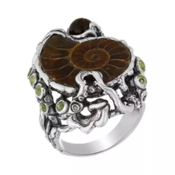 Серебряное кольцо с аммонитом и тигровым глазом "Ракушка"
