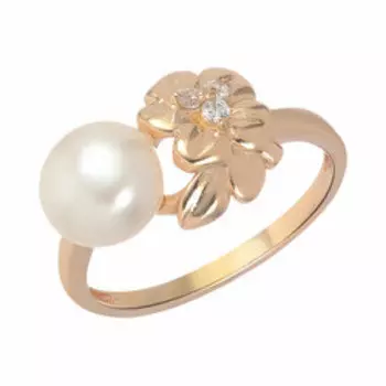 Серебряное кольцо с белым жемчугом и фианитами "Цветок"