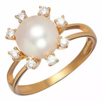 Серебряное кольцо с белым жемчугом и фианитами "Цветок"