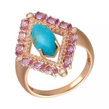 Серебряное кольцо с бирюзой, аметистами и фианитами