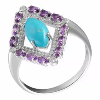 Серебряное кольцо с бирюзой, аметистами и фианитами