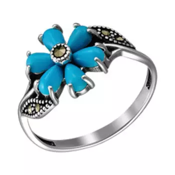 Серебряное кольцо с бирюзой и марказитами "Цветок"