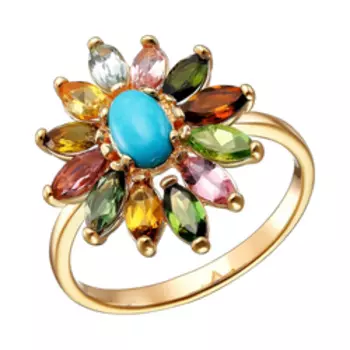 Серебряное кольцо с бирюзой и турмалинами "Цветок"