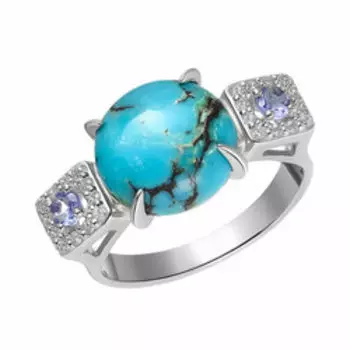 Серебряное кольцо с бирюзой, танзанитами и фианитами