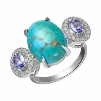 Серебряное кольцо с бирюзой, танзанитами и фианитами
