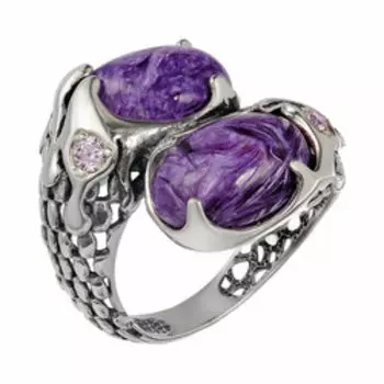 Серебряное кольцо с чароитами и фианитами