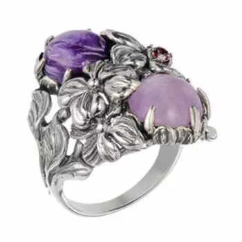 Серебряное кольцо с чароитом и аметистом "Цветы"