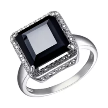 Серебряное кольцо с черной шпинелью и фианитами