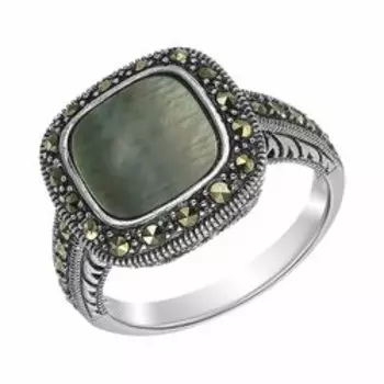 Серебряное кольцо с черным перламутром и марказитом