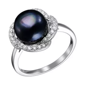 Серебряное кольцо с черным жемчугом и фианитами