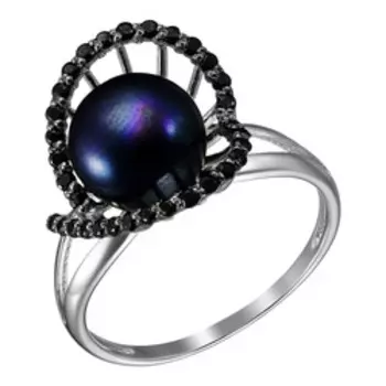 Серебряное кольцо с черным жемчугом и шпинелью