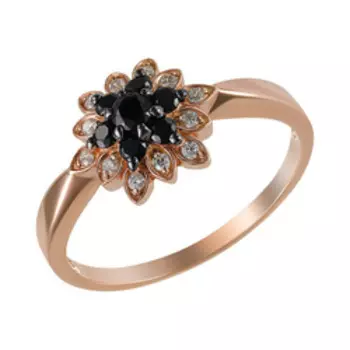Серебряное кольцо с черными и бесцветными фианитами "Цветок"