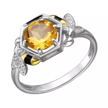 Серебряное кольцо с цитрином, фианитами и эмалью "Пчелки"