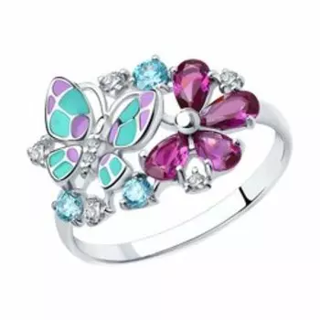Серебряное кольцо с фианитами и эмалью "Бабочки"