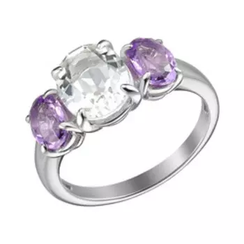 Серебряное кольцо с горным хрусталем и аметистами