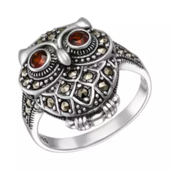 Серебряное кольцо с гранатами и марказитами "Сова"