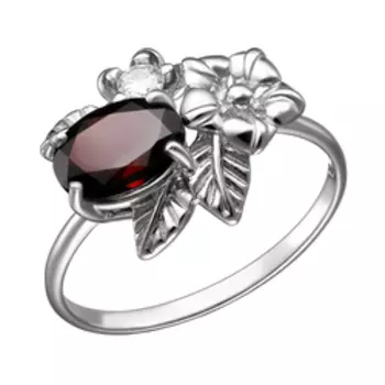 Серебряное кольцо с гранатом и фианитом "Цветы"