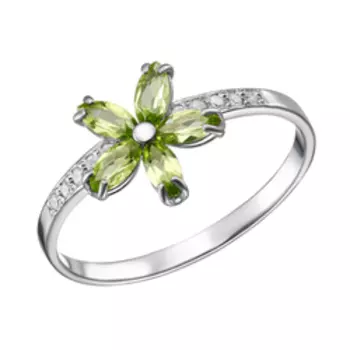 Серебряное кольцо с хризолитами и фианитами "Цветок"