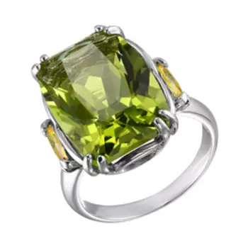 Серебряное кольцо с хризолитовым кварцем и фианитами