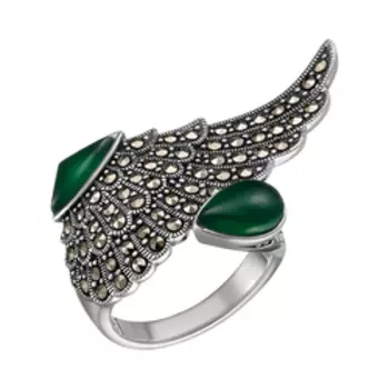 Серебряное кольцо с хризопразами и марказитами "Крыло"