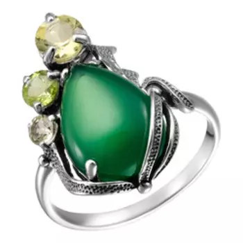 Серебряное кольцо с хризопразом, кварцем и хризолитом