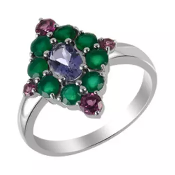 Серебряное кольцо с иолитом, агатами и родолитами