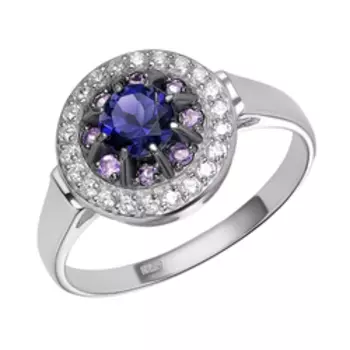 Серебряное кольцо с иолитом, аметистами и фианитами