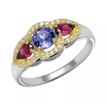 Серебряное кольцо с иолитом, родолитами и фианитами