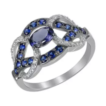 Серебряное кольцо с иолитом, сапфирами и фианитами