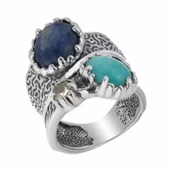 Серебряное кольцо с кианитом, амазонитом и зеленым аметистом