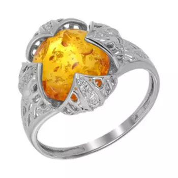 Серебряное кольцо с коричневым янтарем и фианитами