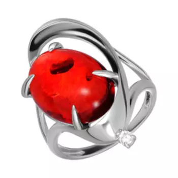 Серебряное кольцо с красным янтарем и фианитом