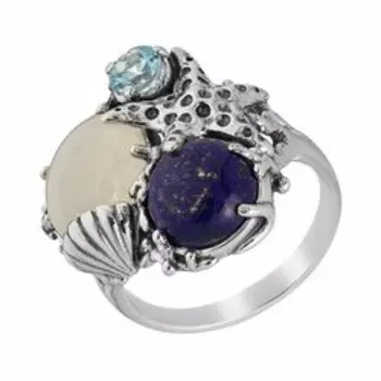Серебряное кольцо с лазуритом, лунным камнем и топазом